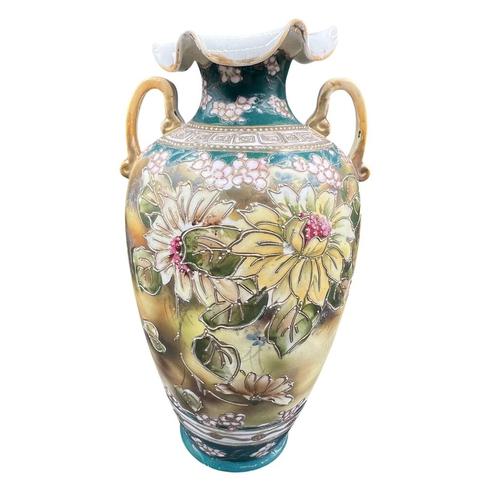 Nippon Rare Antique Hand Painted Floral Two Handed Vase Ruffled Rim 3D Bloomcore
